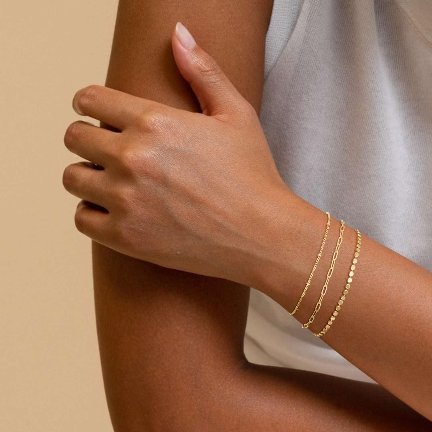 Gold Bracelets for Women, 14K Dainty Gold Plated Stackable Bracelets for Women Trendy Gold Bracelet Stack Set Waterproof Chain Bracelets Paperclip Adjustable Tennis Minimalist Tiny Cute Jewelry