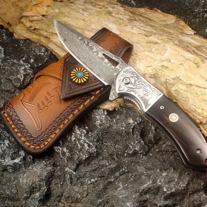 🐺 Damascus Pocket Knife – Handmade VG10 Steel with Abalone Shell Handle