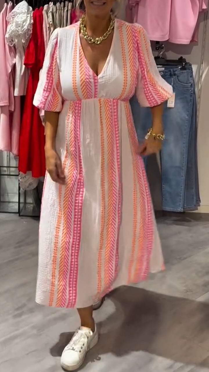 Women's V-neck Lantern Sleeve Printed Casual Dress