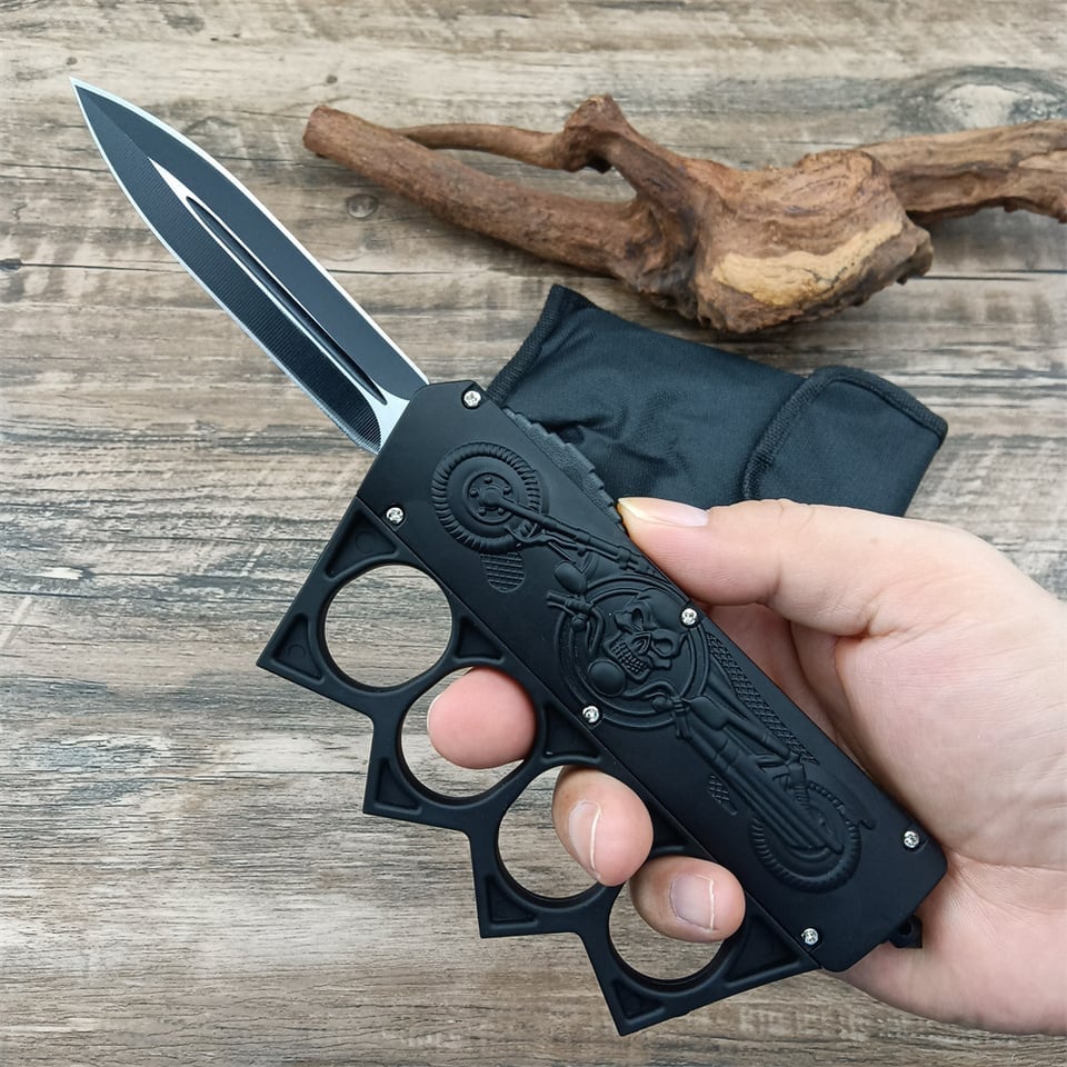 Motifs Knuckle Duster Wooden Handle Folding Knife Defense EDC