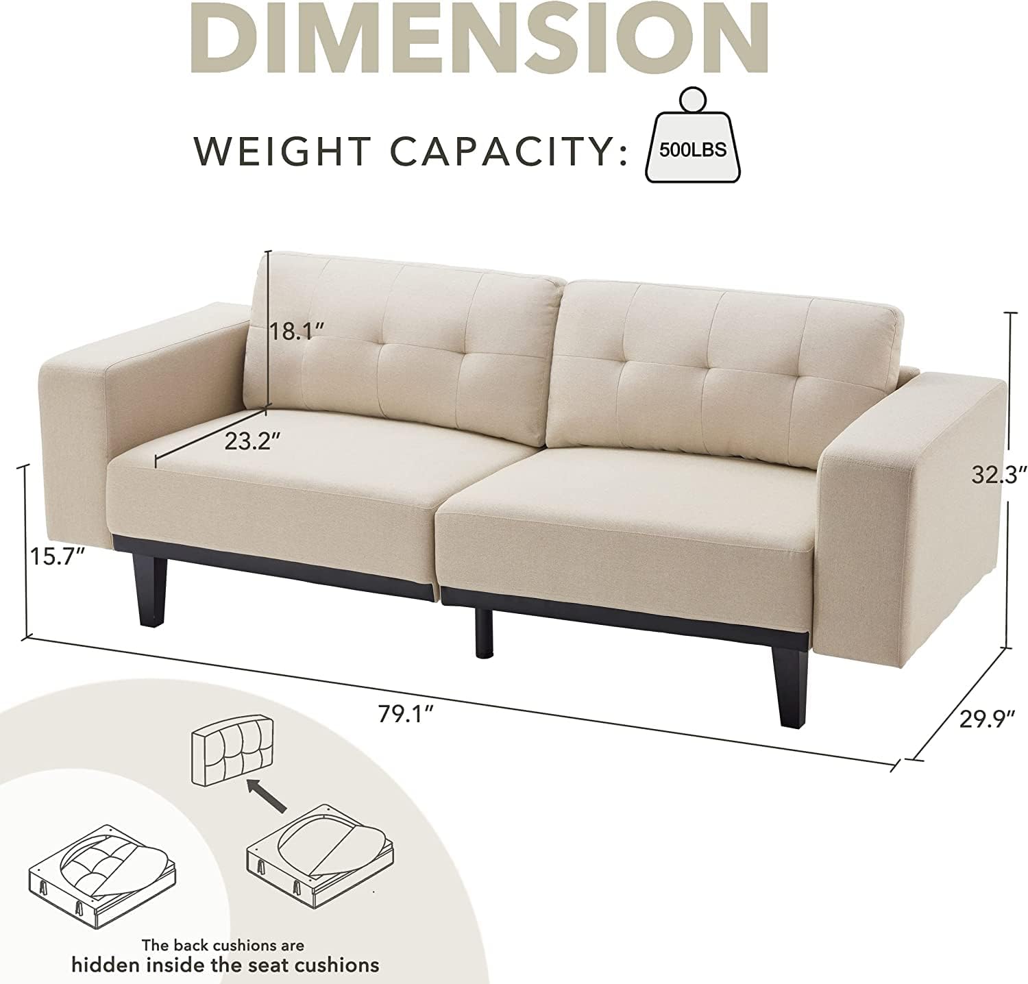 79” Sofa Couches for Living Room, Oversized Loveseat Sofa, 3 Seat Mid Century Modern Couch, Comfy Deep Sofas with Upholstered Pillow, Love Seat with Solid Wood Leg, Bedroom Couch, Linen Beige