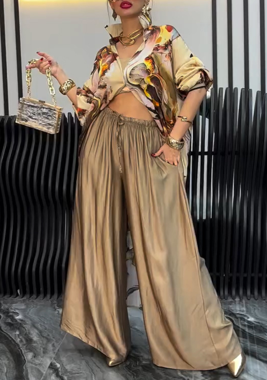 Women's Lapel Printed Long Top + Wide-leg Pants Casual Suit