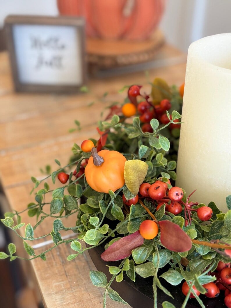 🍁Fall Harvest Sale: 60% OFF! Fall Candle Ring Wreath: Green Leaf Vine, Pumpkins & Berries - 14 Inch