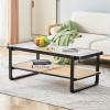 Mid Century Modern Coffee Table with Storage, 41.3 Inch Rectangle Wooden Accent Center Tables with Sliding PE Rattan Woven Door Panel and Solid Wood Legs, Suitable for Living Room, Apartment