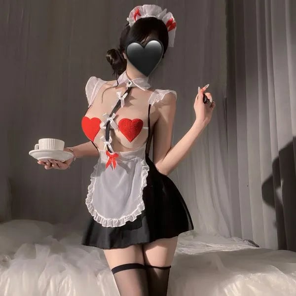 Red Maid Roleplay Costume Set - Lace-Trim Apron Dress & Matching Accessories PPF0355