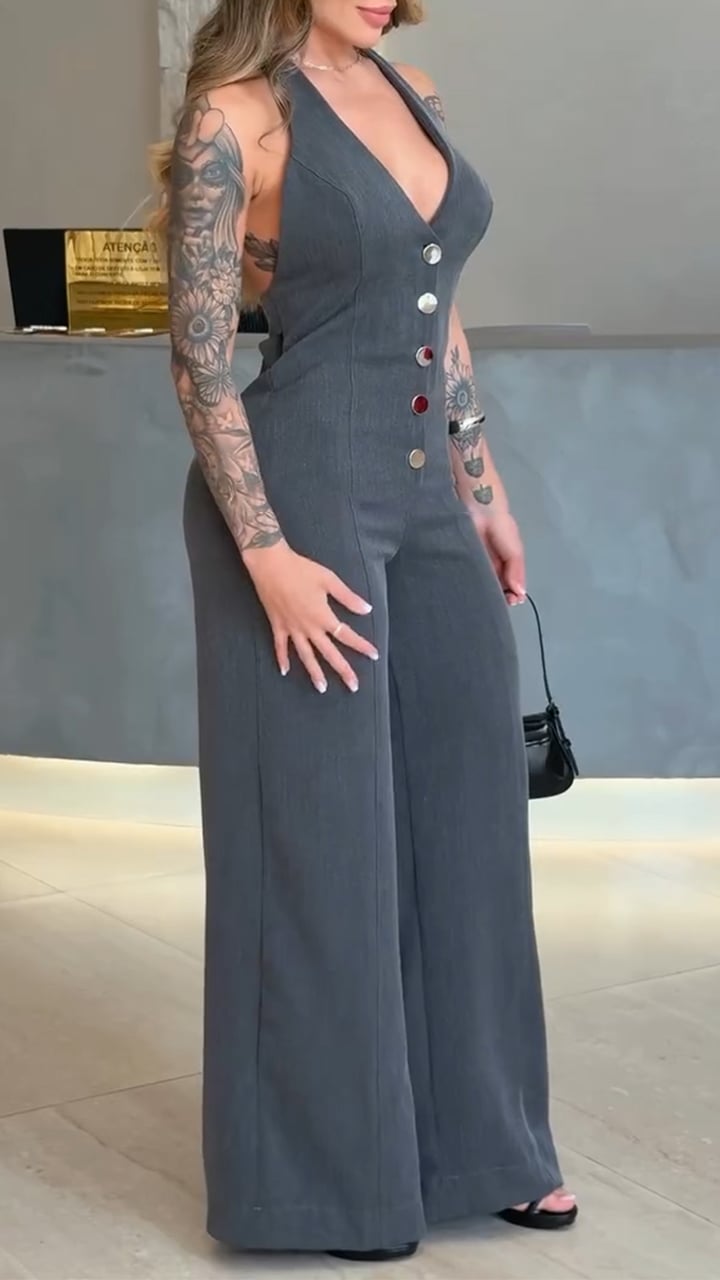 Women's V-neck Sleeveless Halter Neck Button Casual Jumpsuit