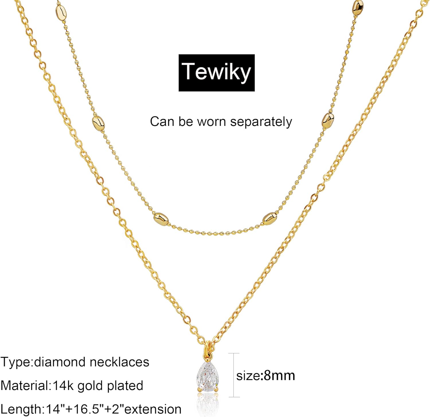 Tewiky Diamond Necklaces for Women, Dainty Gold Necklace 14k Gold Plated Long Lariat Necklace Simple Gold CZ Diamond Choker Necklaces for Women Trendy Gold Necklace Jewelry Gifts for Girls