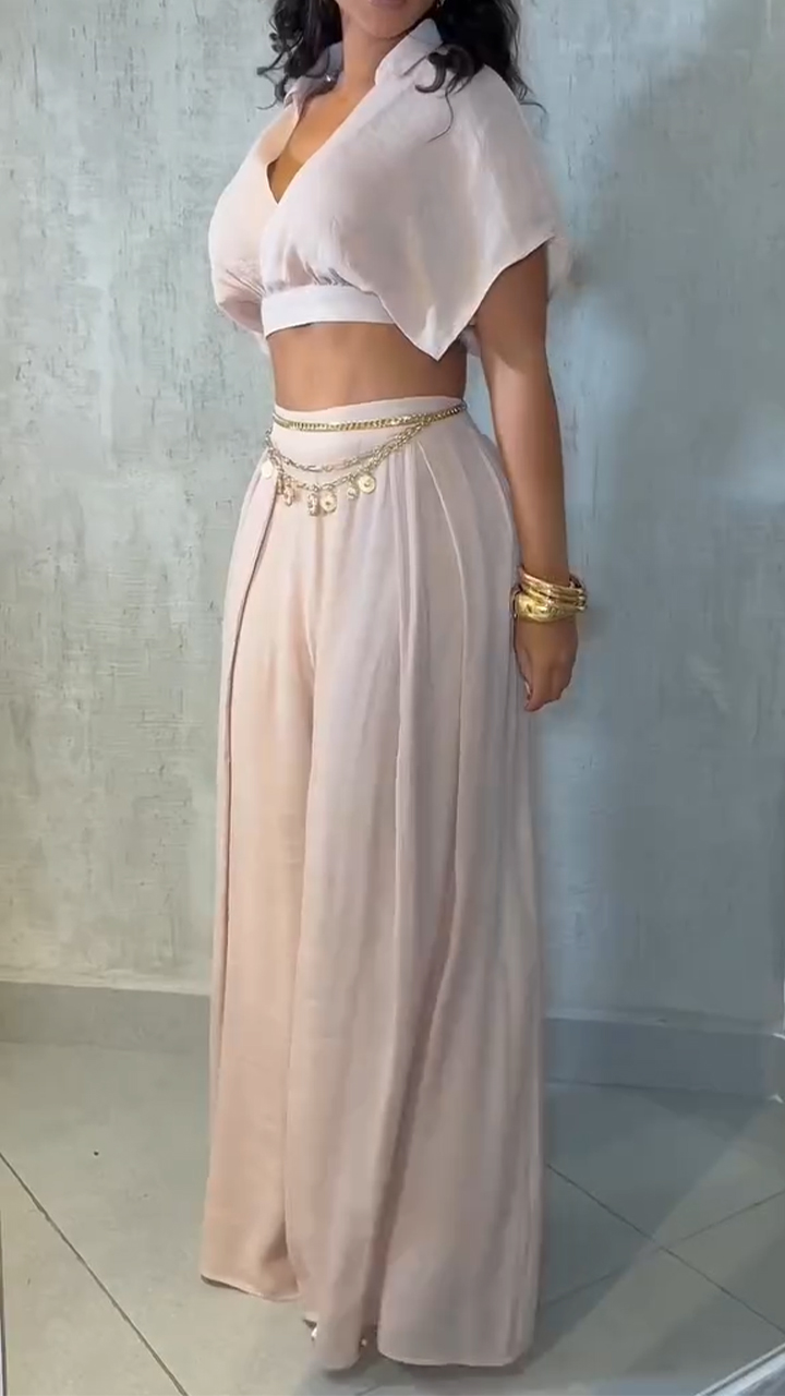 Women's Collar Short Top+loose Pants with A Casual Temperament Suit
