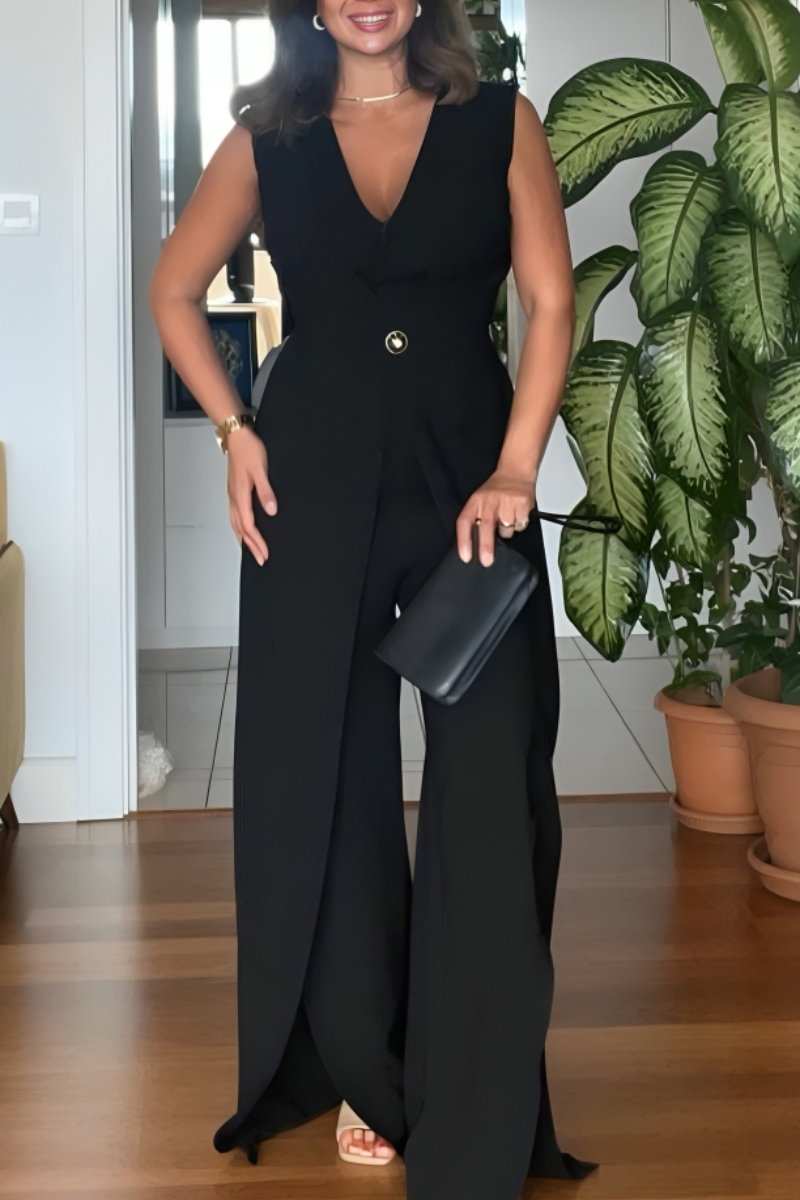 Women's V-neck Sleeveless Fake Two-piece Design Elegant Jumpsuit