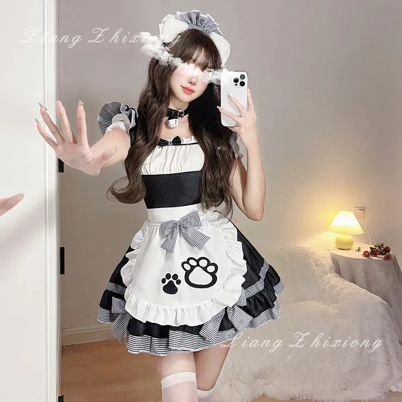 Cute Kitty Maid Apron Dress Set - Black/Pink Cosplay Costume PPF0347