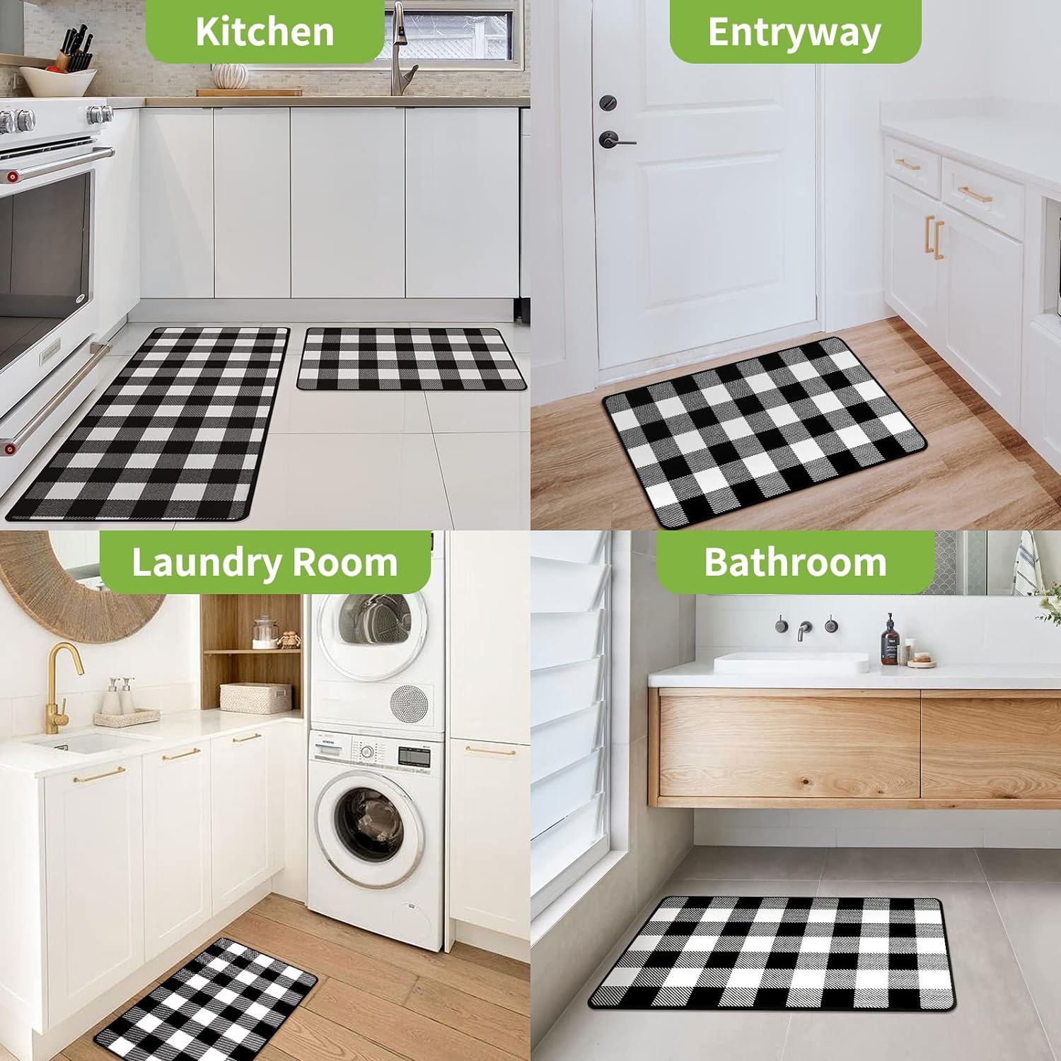 Buffalo Check Plaid Kitchen Rug Set - 2PCS (17x47 & 17x29), Farmhouse Style, Non-Printed Woven Surface, Non-Slip, Machine Washable, Black & White