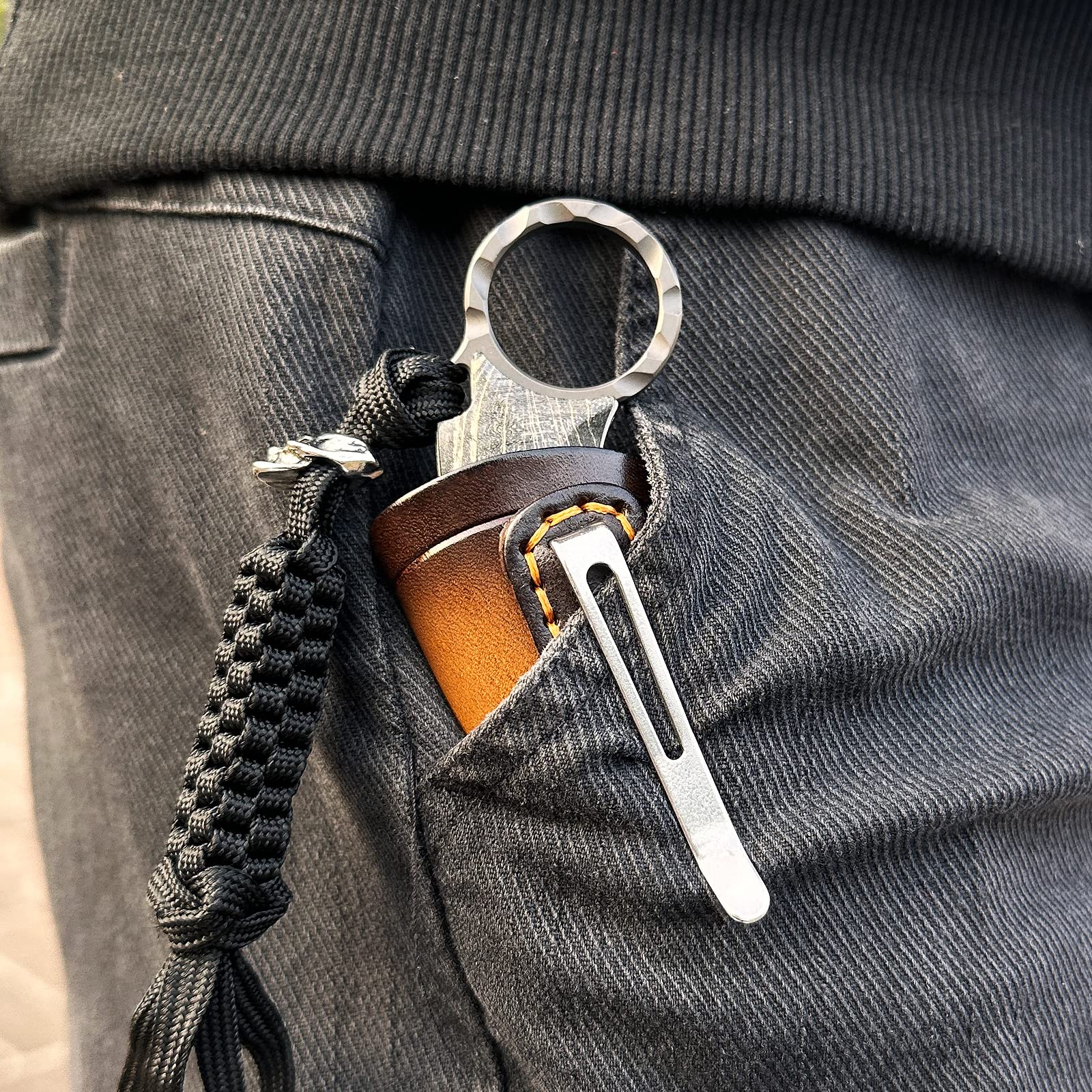 Handmade Damascus steel Folding Pocket EDC Knife-with cowhide sheath And pocket clip