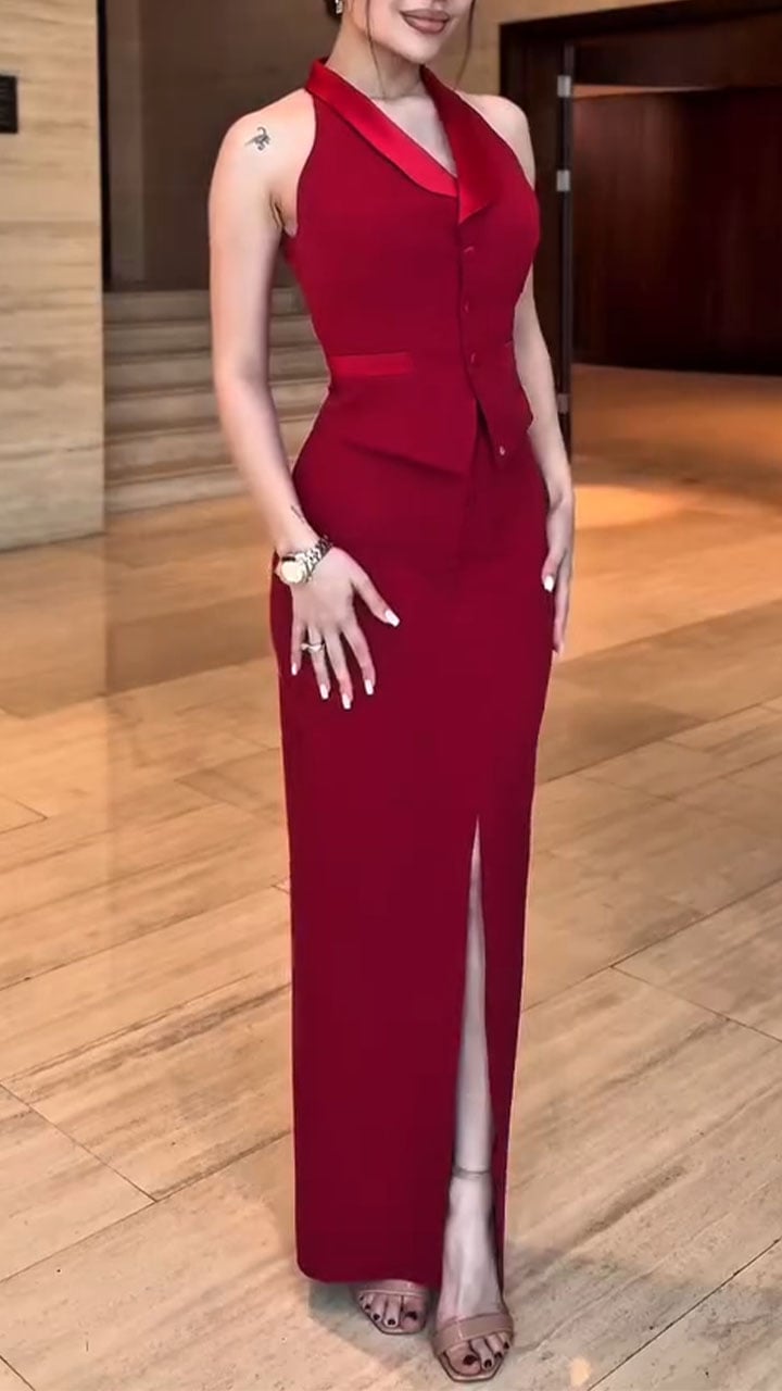 Women's V-neck Lapel Slim Fit Slit Temperament Suit