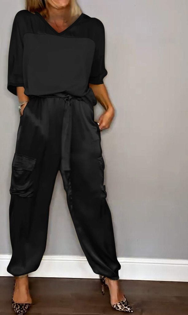 Women's Smooth Satin Half-sleeved Top and Pant Two-piece Suit