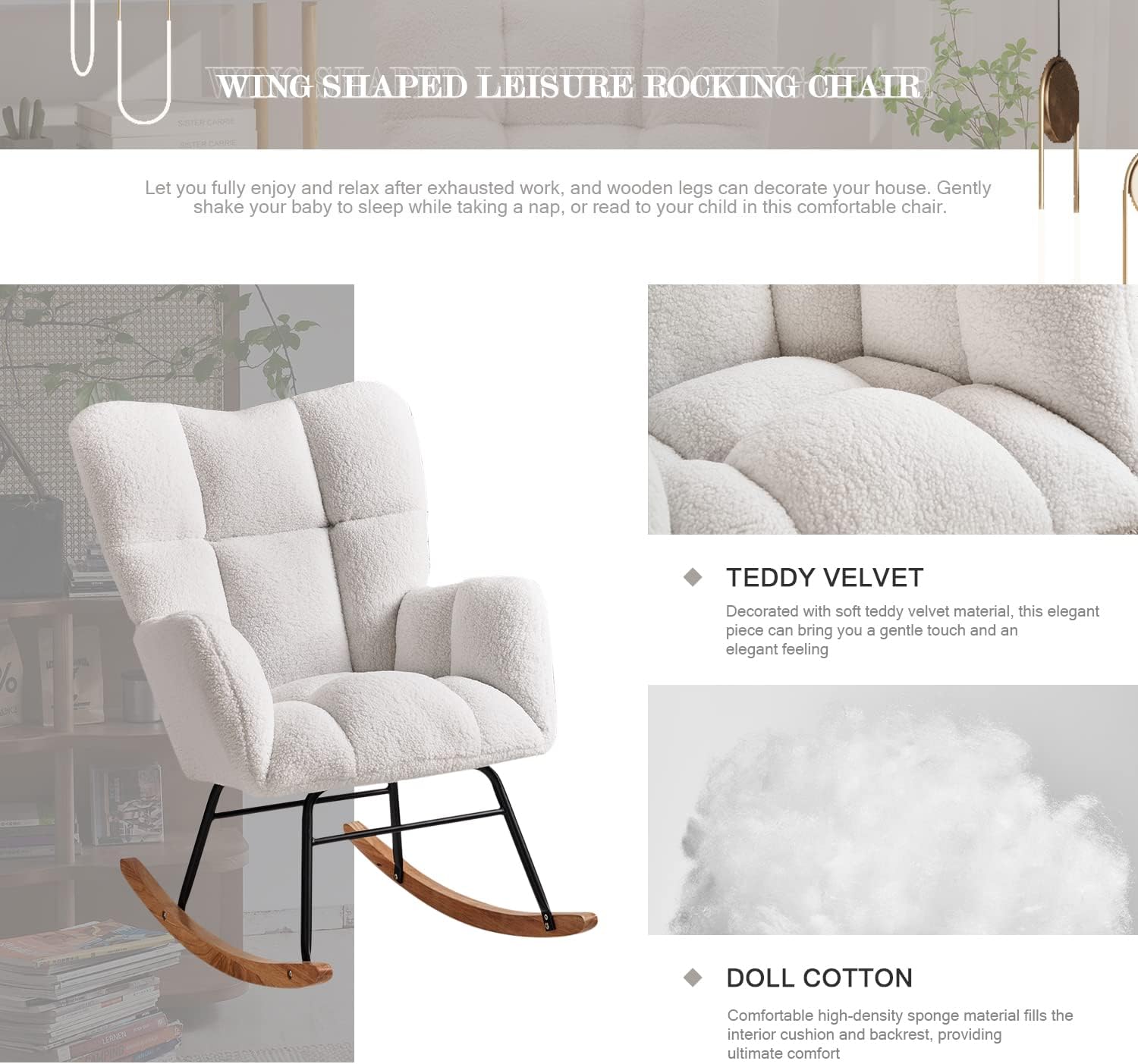 Rocking Chair Nursery, Teddy Glider Rocker with High Backrest, Modern Rocking Accent Chairs for Nursery, Living Room, Bedroom (Ivory)