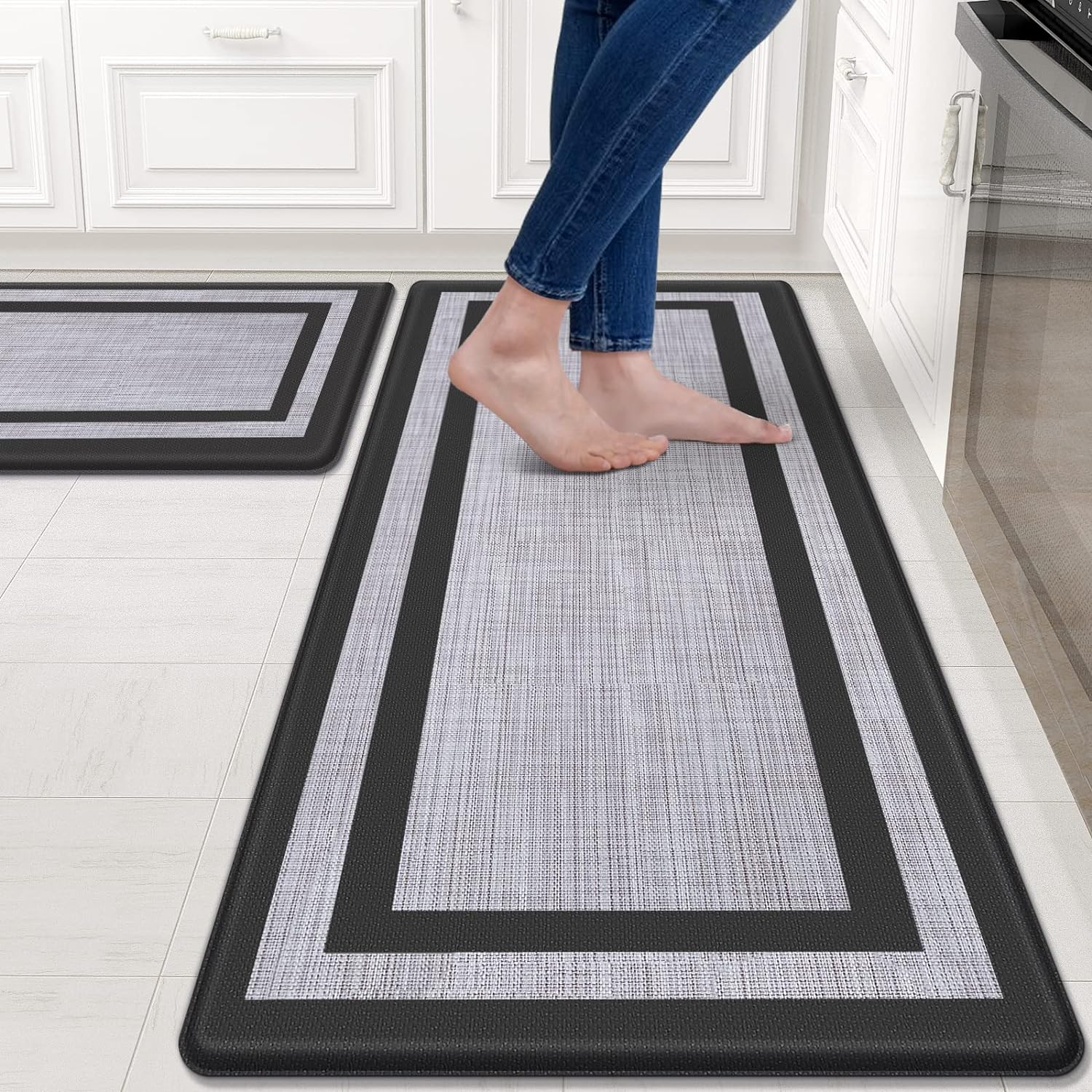 Mattitude Kitchen Mat [2 PCS] Cushioned Anti-Fatigue Non-Skid Waterproof Rugs Ergonomic Comfort Standing Mat for Kitchen, Floor, Office, Sink, Laundry, Black and Gray