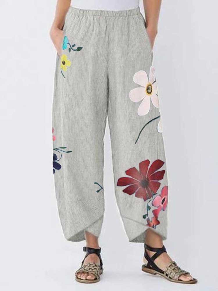 Women Elastic Waist Printed Pocket Grey Casual Pants