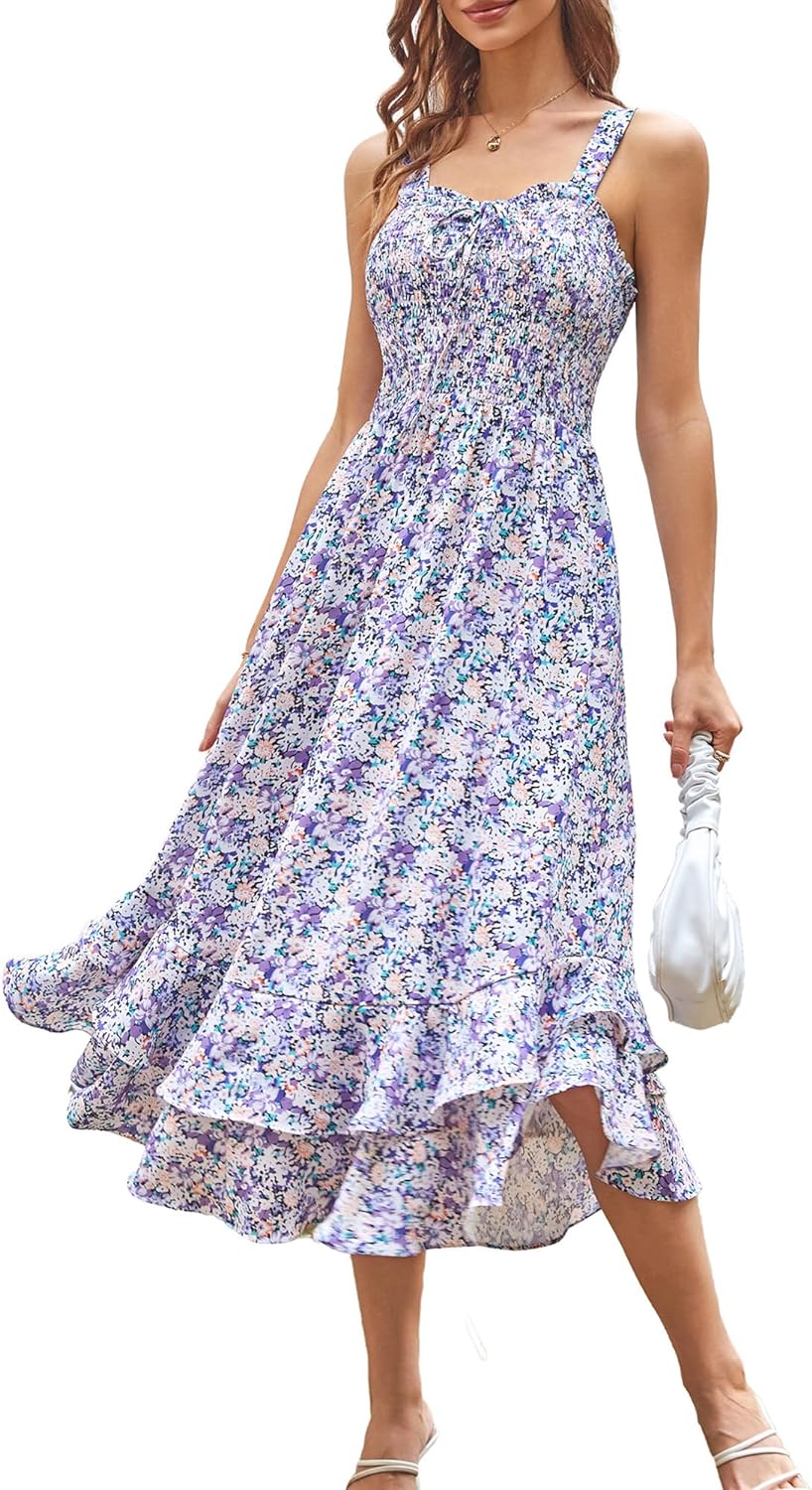 GRACE KARIN Women's 2024 Summer Floral Boho Dress Square Neck Strapped Swing A Line Beach Long Maxi Dress