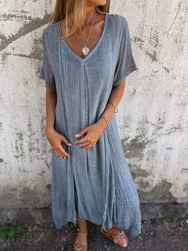 Women Cotton and Linen V-neck Midi Dress
