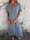 Women Cotton and Linen V-neck Midi Dress
