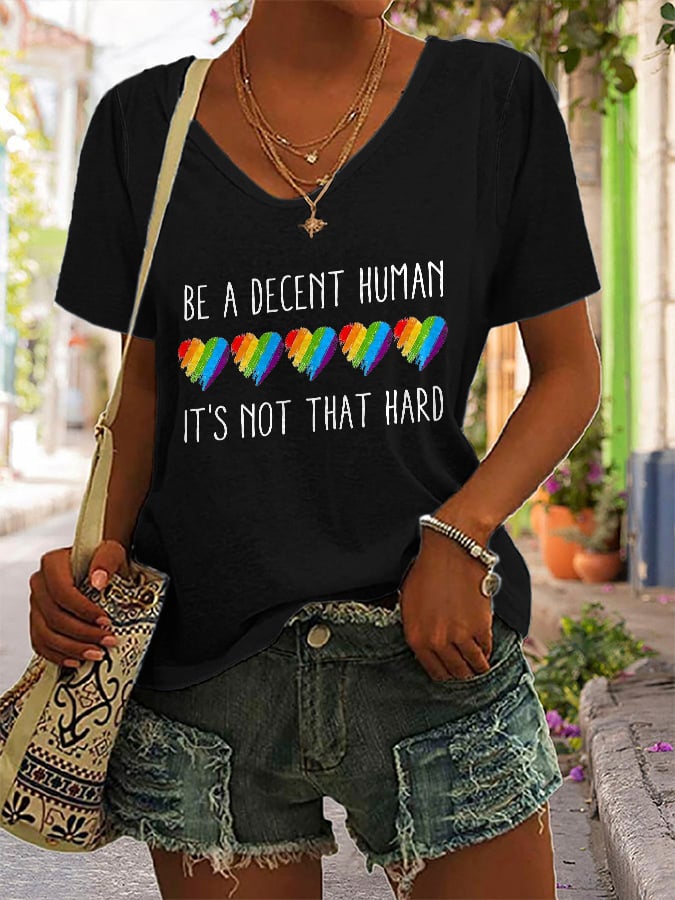 V-Neck Retro Be A Decent Human It's Not That Hard Print T-Shirt