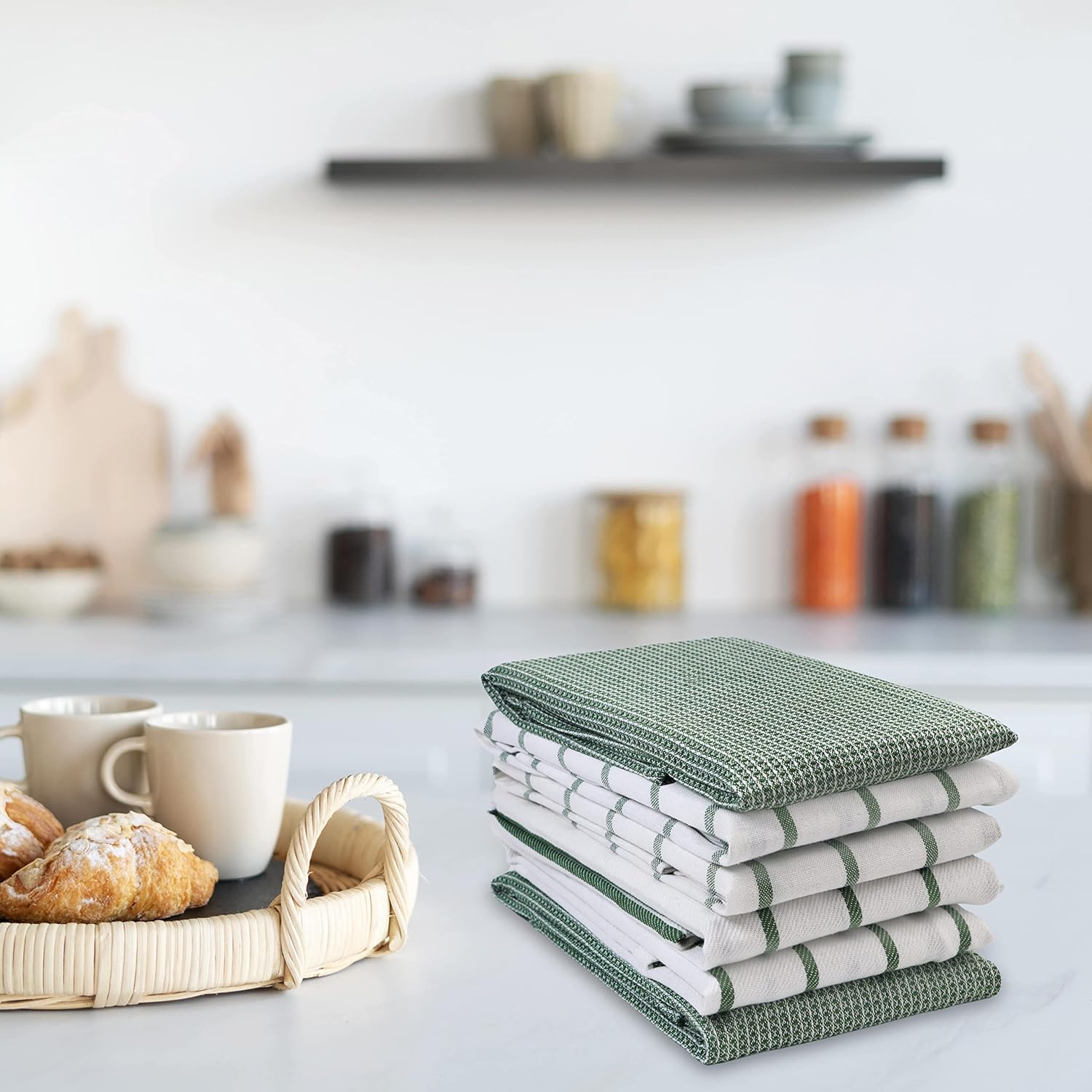 LANE LINEN Kitchen Towels Set - Pack of 6 Cotton Dish Towels for Drying Dishes, 18”x 28”, Kitchen Hand Towels, Absorbent Tea Towels, Dish Towels for Kitchen, Quick Drying Kitchen Towel Set - Olive