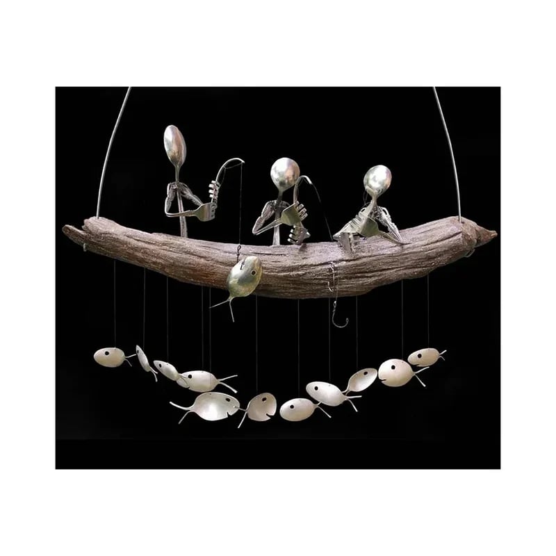 ❤️Handmade Fisherman Man Spoon Fish Sculpture Wind Chime