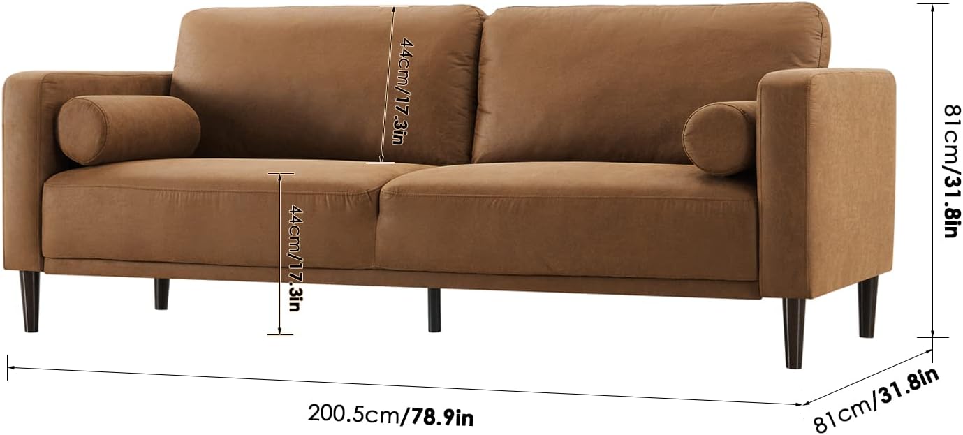 HIFIT Sofa Couches, 79” Mid-Century Modern Couch, Breathable Faux Leather Couch with Upholstered Cushions/Pillows, 3-Seat Sofas & Couches, for Living Room Apartment Office, Brown