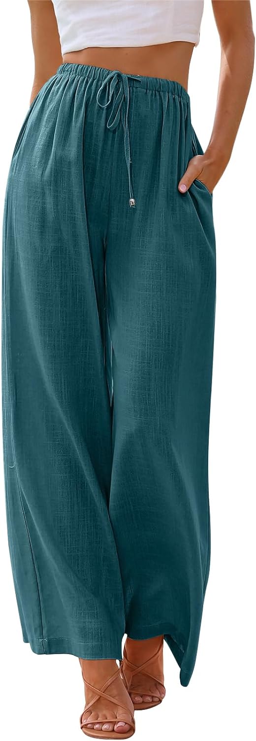 LILLUSORY Women's Linen Summer Palazzo Pants Flowy Wide Leg Beach Pants with Pockets