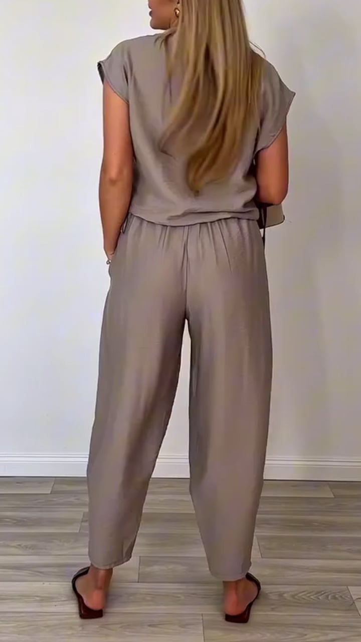 Ladies' U-neck Solid Color Casual Set