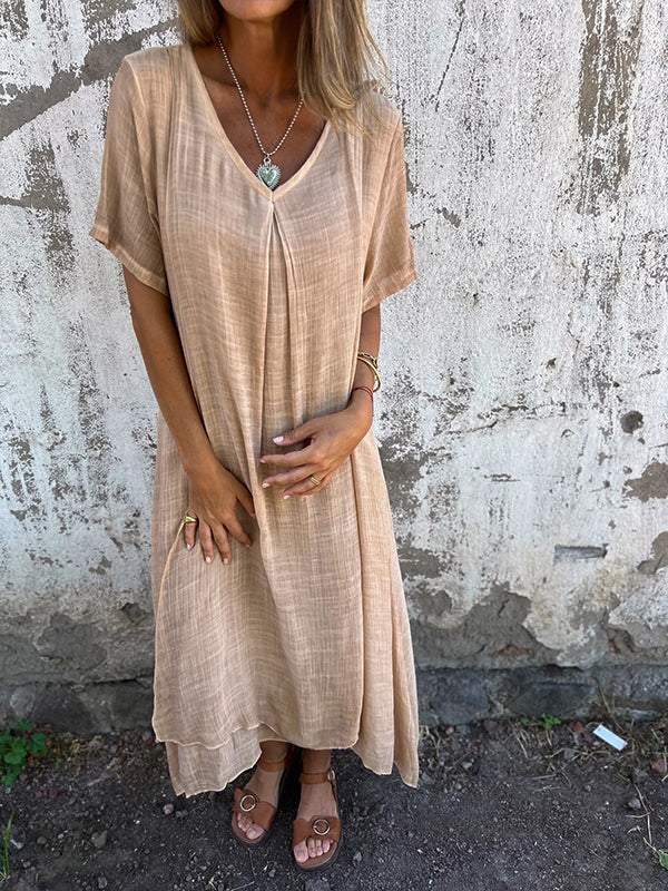 Women Cotton and Linen V-neck Midi Dress