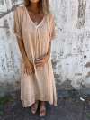 Women Cotton and Linen V-neck Midi Dress