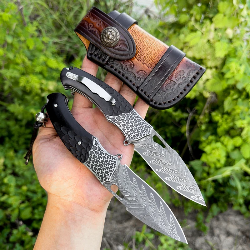 Damascus EDC Folding Knife with Sheath | Handmade Outdoor Hunting Tool