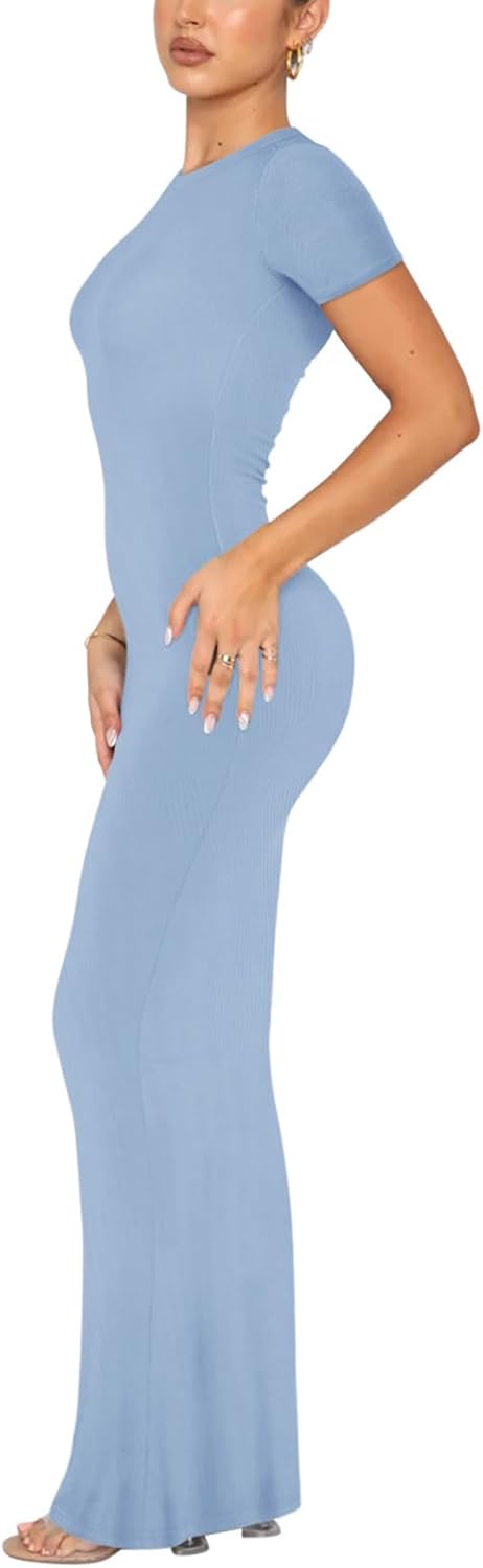 REORIA Women's Basic Summer Casual Lounge Long Dress Elegant Short Sleeve Crew Neck Bodycon Maxi Dresses