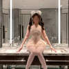 Floral Lace Teddy Dress - Adjustable Garter Slip with Padded Bust in Blush/Champagne PPF0354