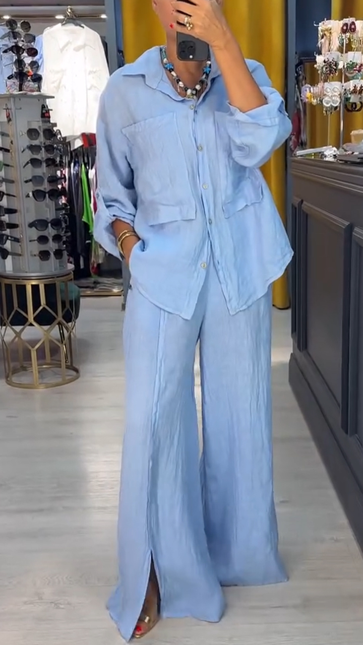 Ladies' Collar Solid Color Loose Casual Suit