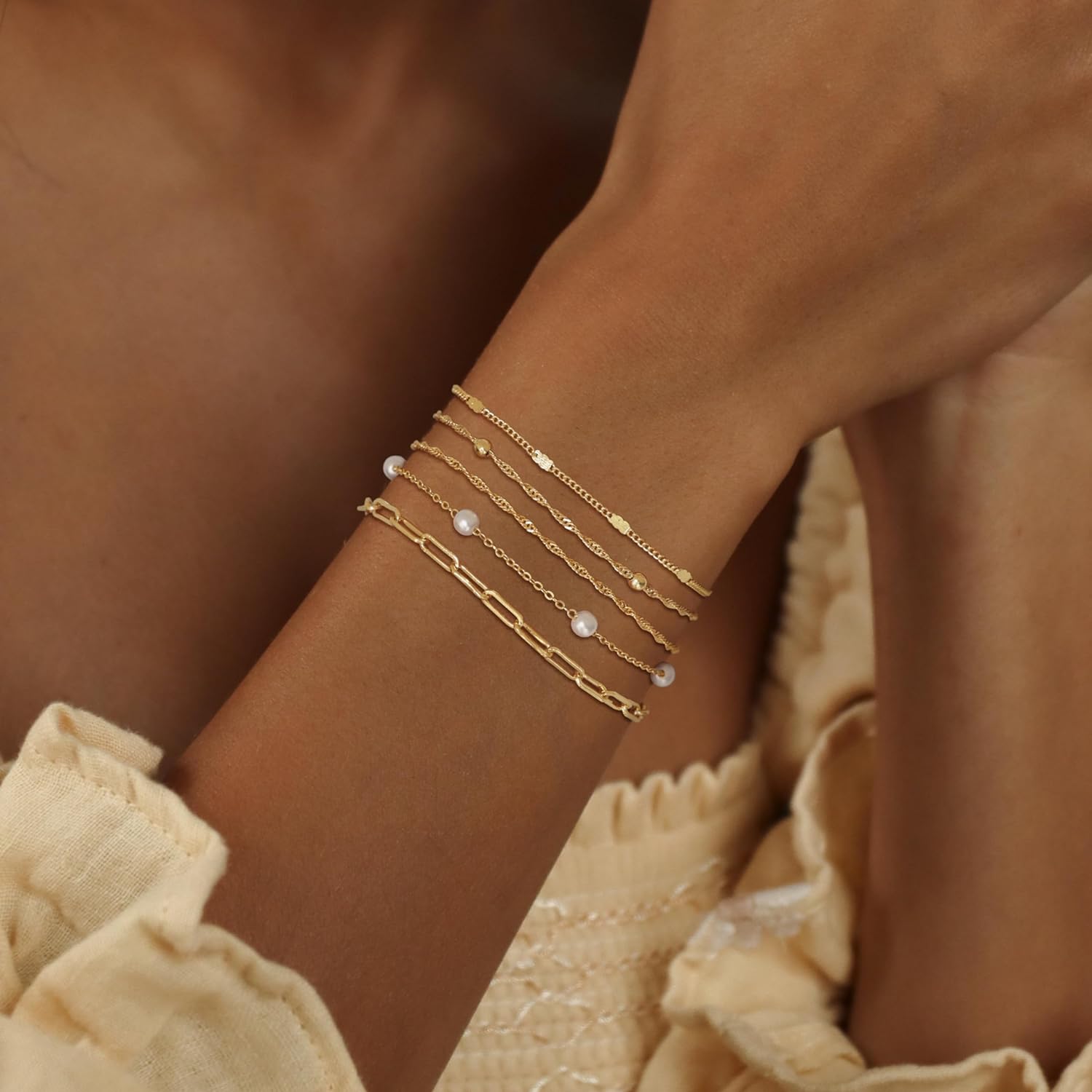 Gold Bracelets for Women, 14K Dainty Gold Plated Stackable Bracelets for Women Trendy Gold Bracelet Stack Set Waterproof Chain Bracelets Paperclip Adjustable Tennis Minimalist Tiny Cute Jewelry