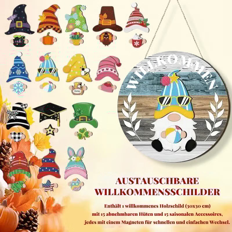 🔥LETZTER TAG 50% RABATT🎄Austauschbares Holz-Willkommensschild mit Wichtel🎈