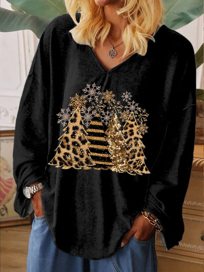 Women's Leopard Christmas Tree Print V-Neck Long Sleeve T-Shirt