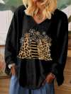 Women's Leopard Christmas Tree Print V-Neck Long Sleeve T-Shirt