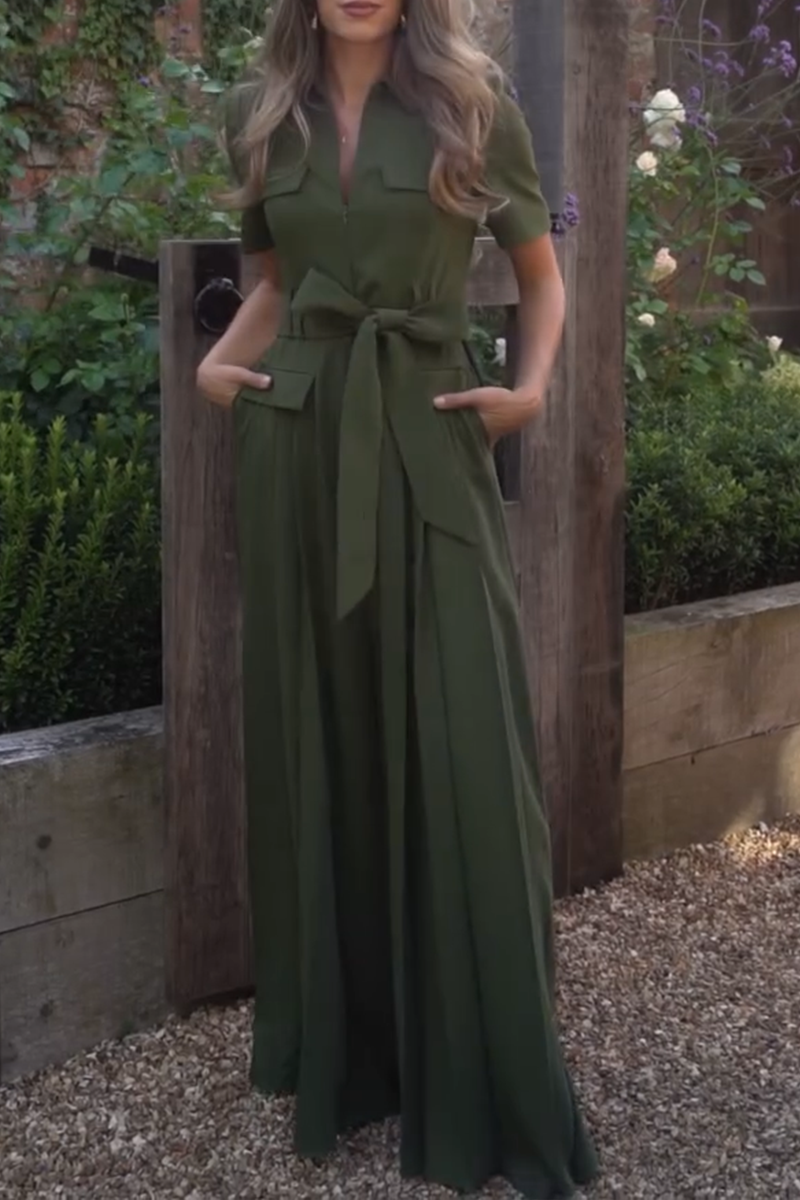 Women's Elegant Solid Color Lapel Pleated Wide Leg Jumpsuit