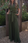 Women's Elegant Solid Color Lapel Pleated Wide Leg Jumpsuit