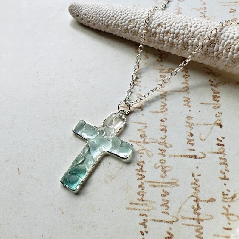 ✝️Handmade  Sea Glass 925™Silver Cross Necklace🌊