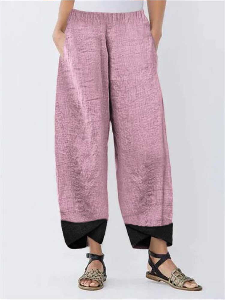 Women Cotton Linen Splicing Solid Color Irregular Pants