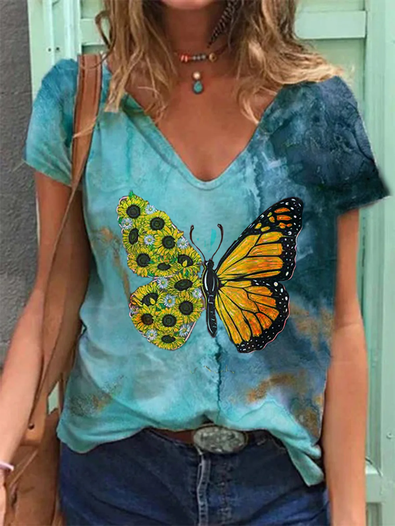 2021 summer butterfly print V-neck short sleeve T-shirt woman