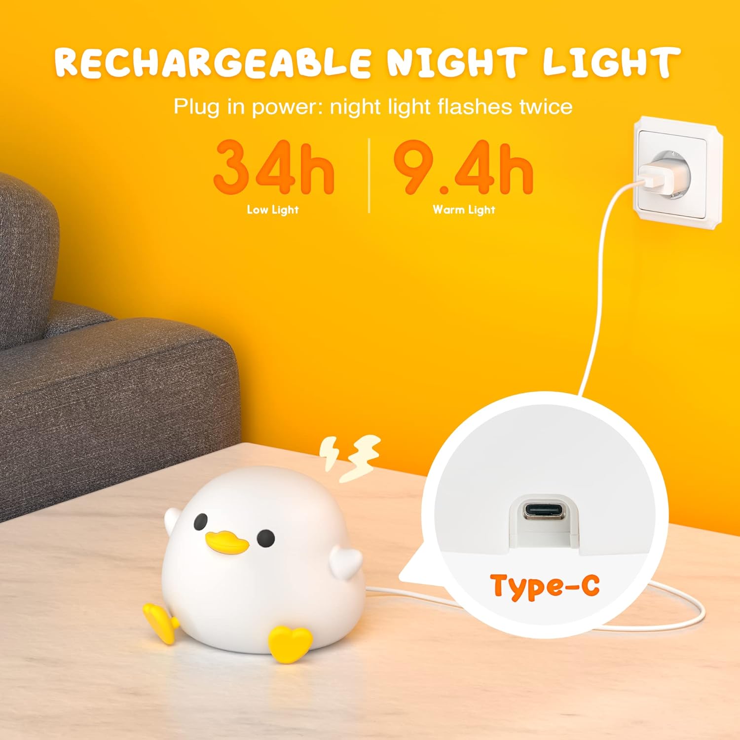 UNEEDE LED Cute Bean Duck Night Light, DoDo Duck Silicone Nursery Night Light Rechargeable Table Lamp Bedside Lamp with Touch Sensor for Bedrooms, Living Room