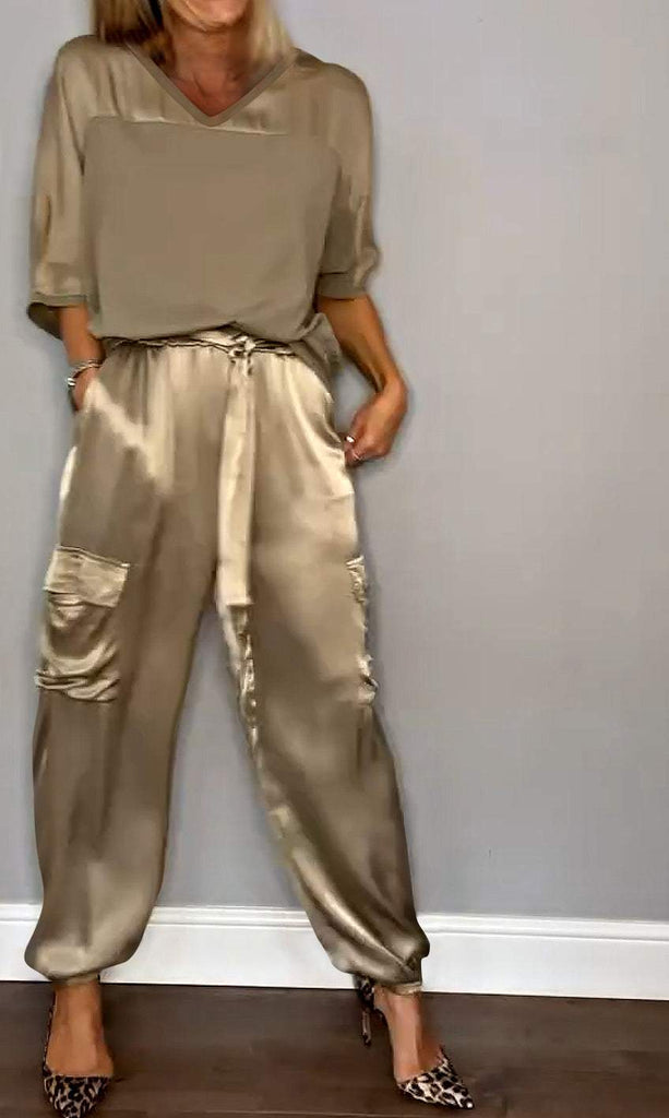 Women's Smooth Satin Half-sleeved Top and Pant Two-piece Suit