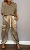 Women's Smooth Satin Half-sleeved Top and Pant Two-piece Suit