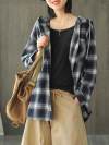 Letha Hooded Vintage Contrasting Plaid Print Single-breasted Baggy Cotton Shirt