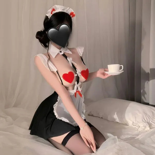 Red Maid Roleplay Costume Set - Lace-Trim Apron Dress & Matching Accessories PPF0355